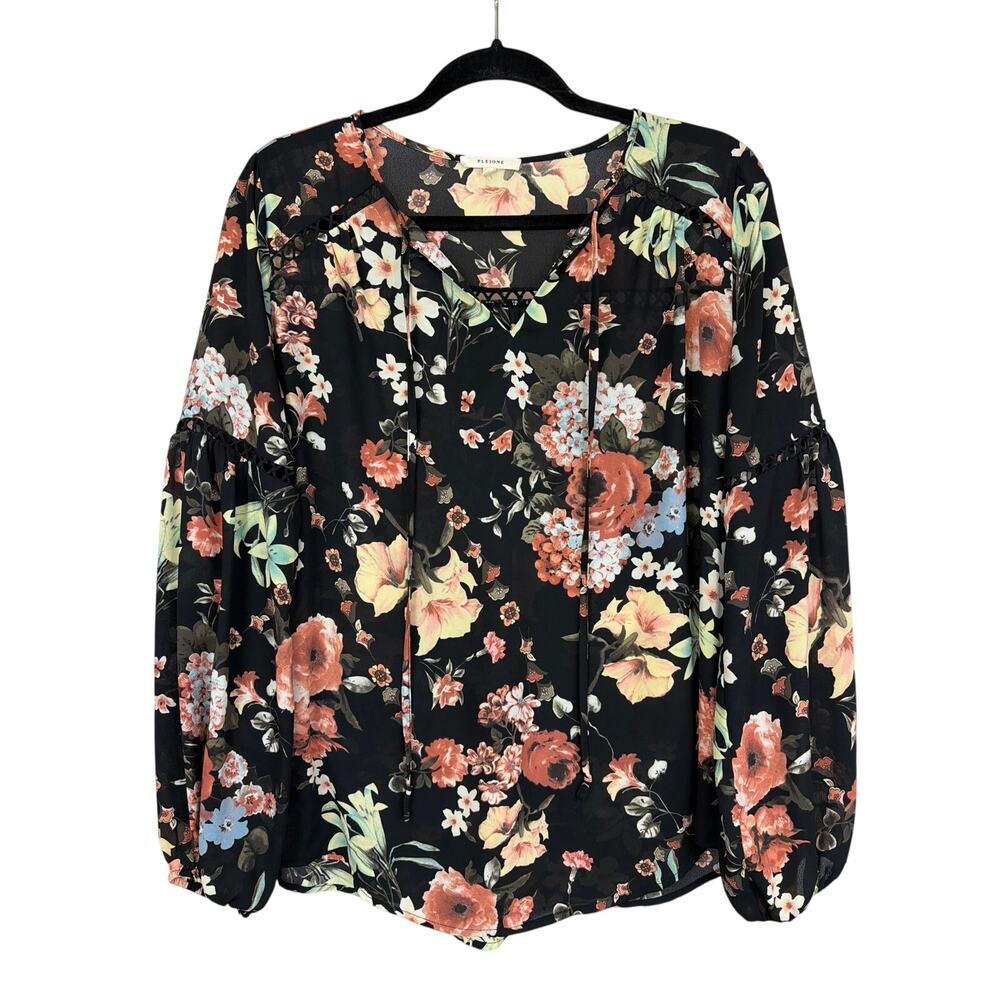 Pleione Black Floral V-Neck Tie Hi-Low Open Stitch Tunic Top Small Vietnam